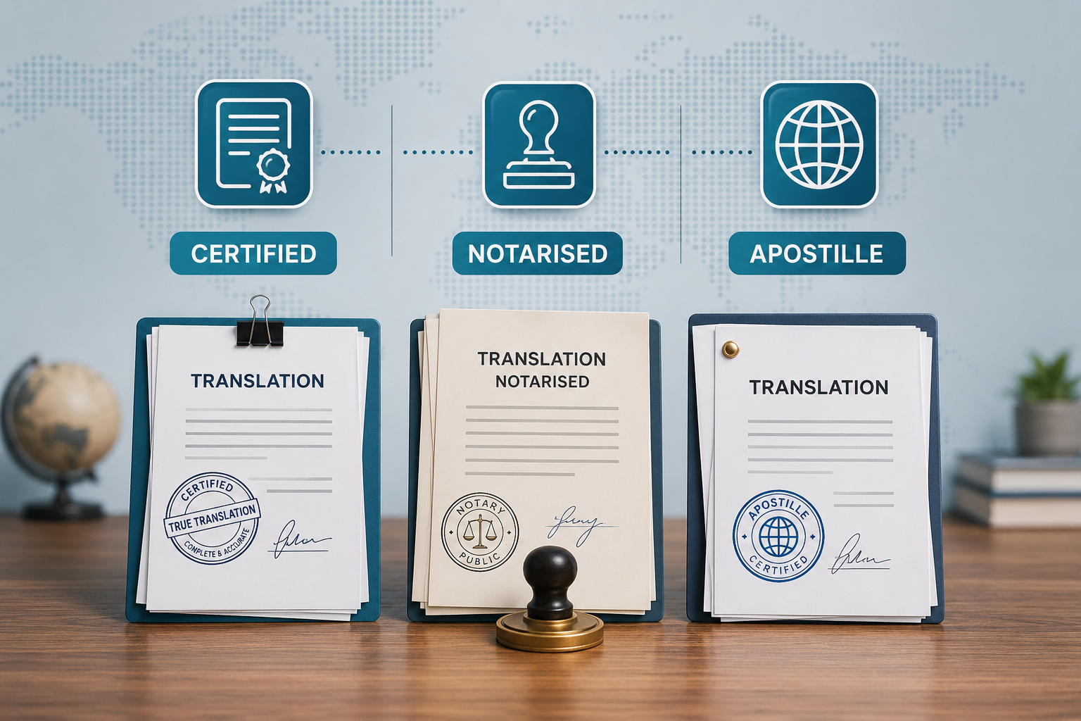 certified vs notarized vs apostille translation